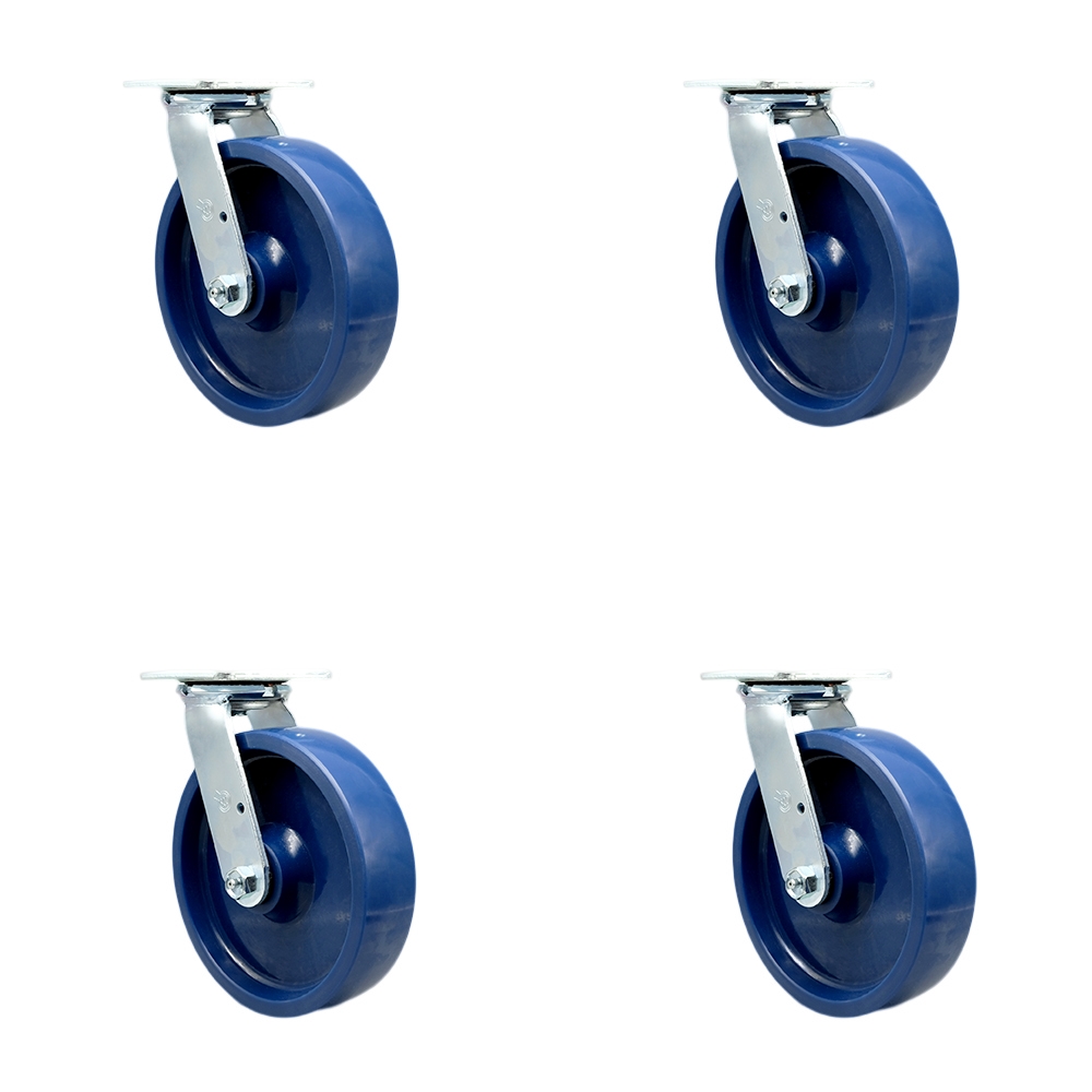 Stainless Steel Heavy Duty Swivel Caster with 8 in. Solid Polyurethane Wheels & Delrin Bearings - 4800 lbs Total Capacity - Set of 4