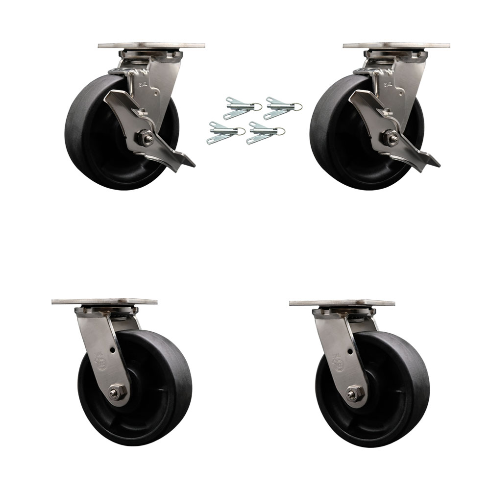SCC-SS31630S620-GFNB-TLB-BSL-2-BSL-2 316 Stainless Steel Heavy Duty Swivel Caster Set with 6 in. Glass Filled Nylon Wheels & Ball Bearing