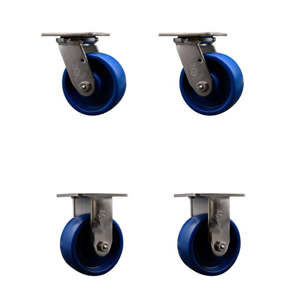 316 Stainless Steel Heavy Duty Swivel Caster with 5 in. Solid Polyurethane Wheels & Ball Bearings - 4000 lbs Total Capacity - Set of 4