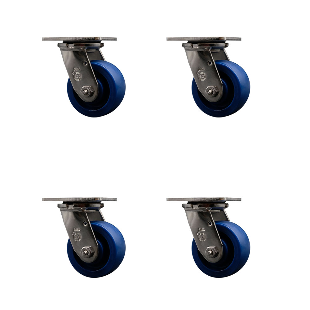 316 Stainless Steel Heavy Duty Swivel Caster with 4 in. Solid Polyurethane Wheels & Delrin Bearings - 2800 lbs Total Capacity - Set of 4