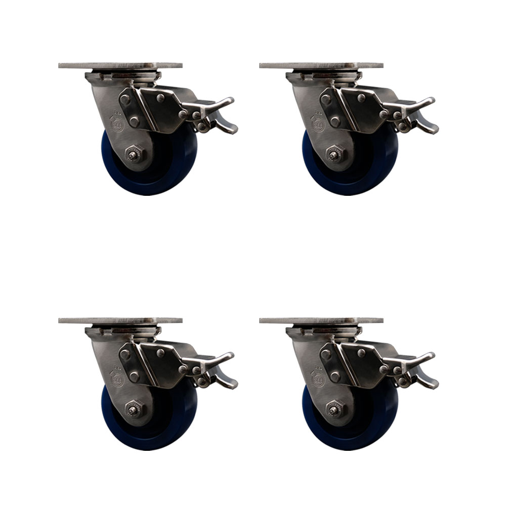 316 Stainless Steel Heavy Duty Swivel Caster with 4 in. Solid Polyurethane Wheels & Delrin Bearings - 2800 lbs Total Capacity - Set of 4