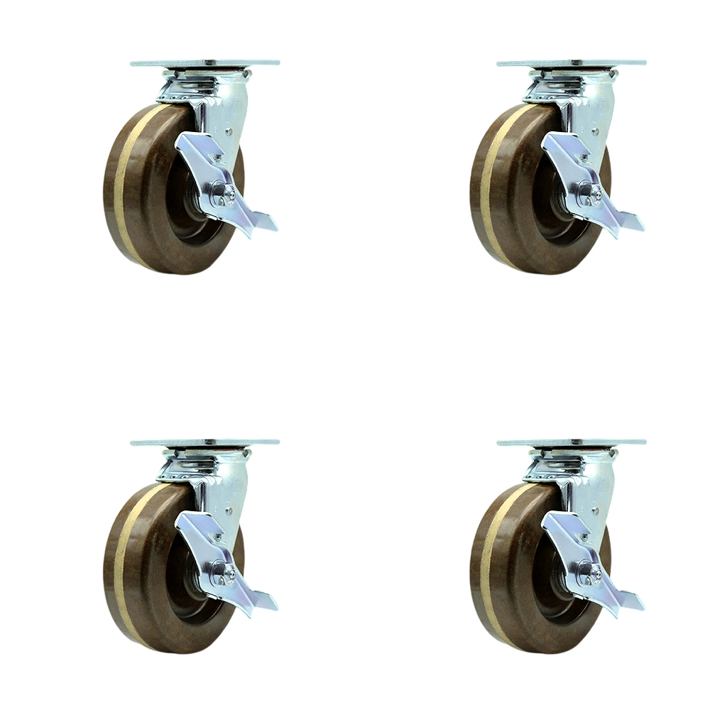 SCC-30CS620-PHBZHT-TLB-4 Heavy Duty Swivel Caster with 6 in. High Temperature Phenolic Wheels & Bronze Bearings - 4800 lbs Total Capacity - Set of 4