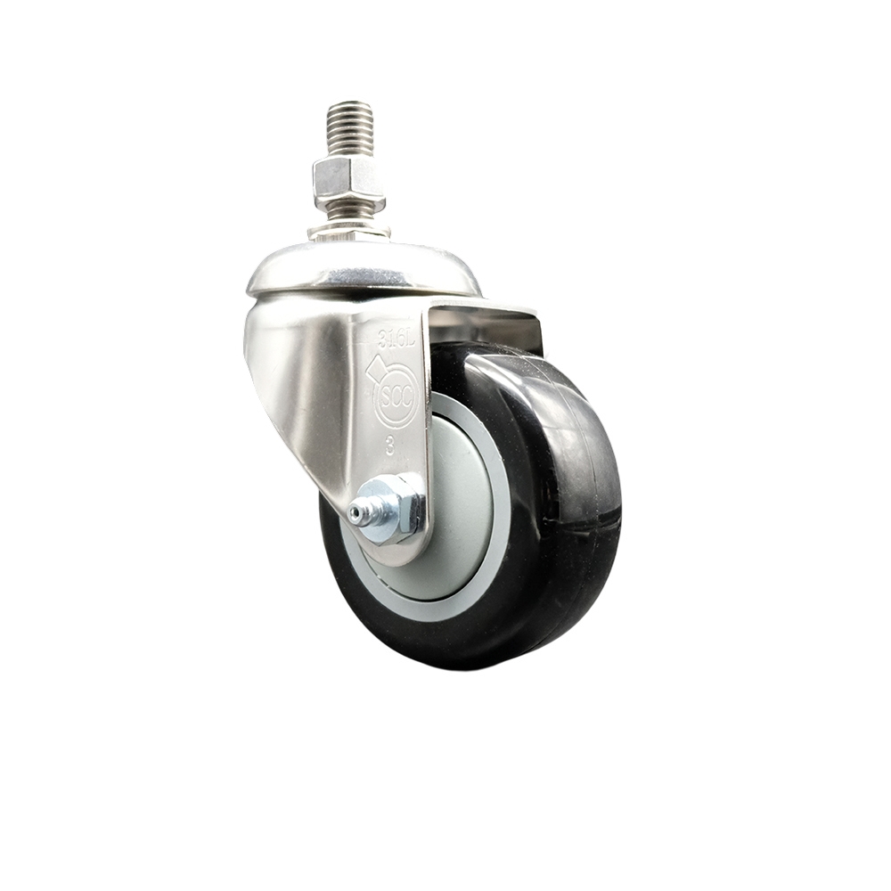 Polyurethane Swivel Stem Caster with 3 in. Black Caster Wheels, 0.5 in. Threaded Stem - 316 Stainless Steel Caster