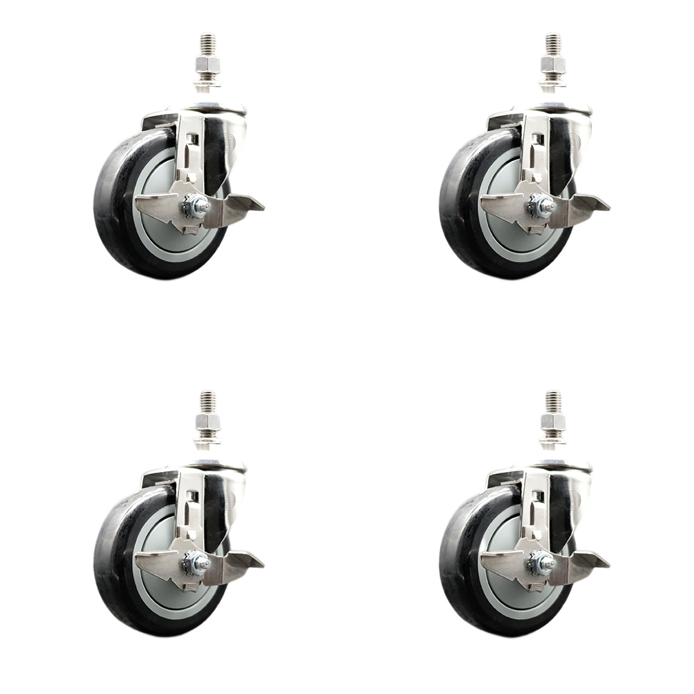 Polyurethane Swivel Stem Caster with 4 in. Black Caster Wheels, 0.5 in. Threaded Stems - 316 Stainless Steel Casters - Set of 4