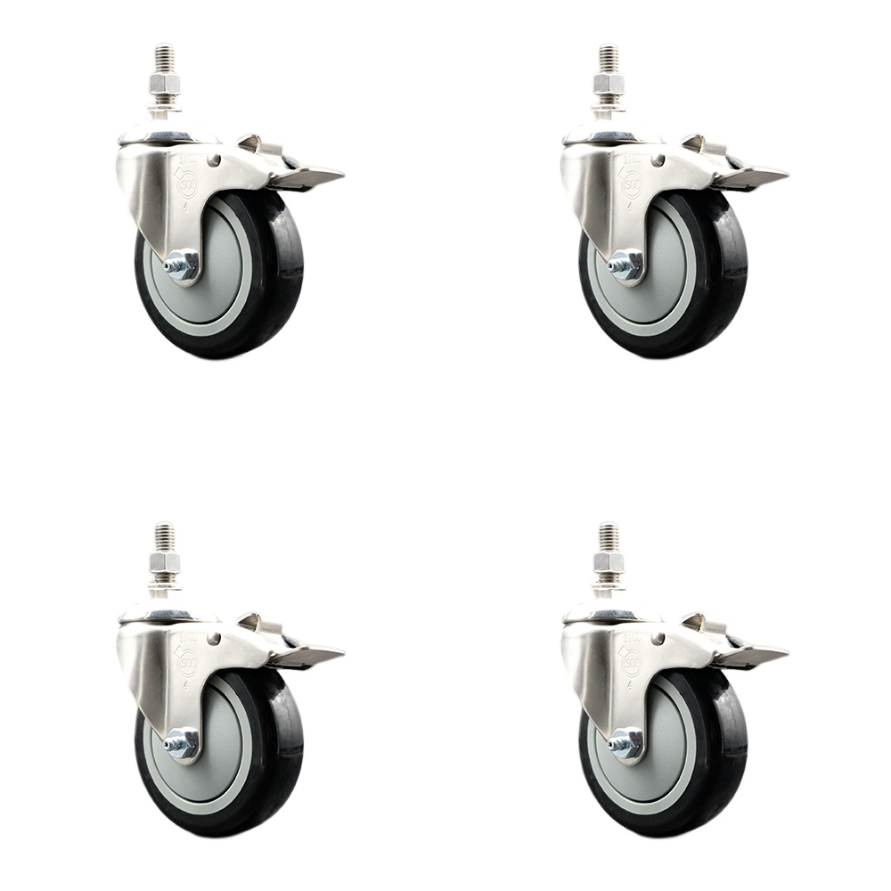 Polyurethane Swivel Stem Caster with 4 in. Black Caster Wheels, 0.5 in. Threaded Stems - 316 Stainless Steel Casters - Set of 4