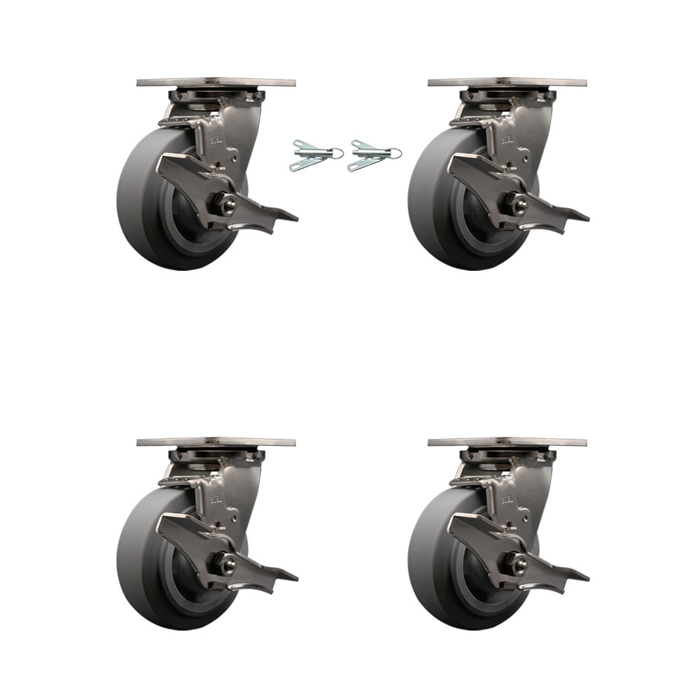 316 Stainless Steel Heavy Duty Swivel Caster Set with 5 in. Thermoplastic Rubber Flat Tread Wheels & Ball Bearing
