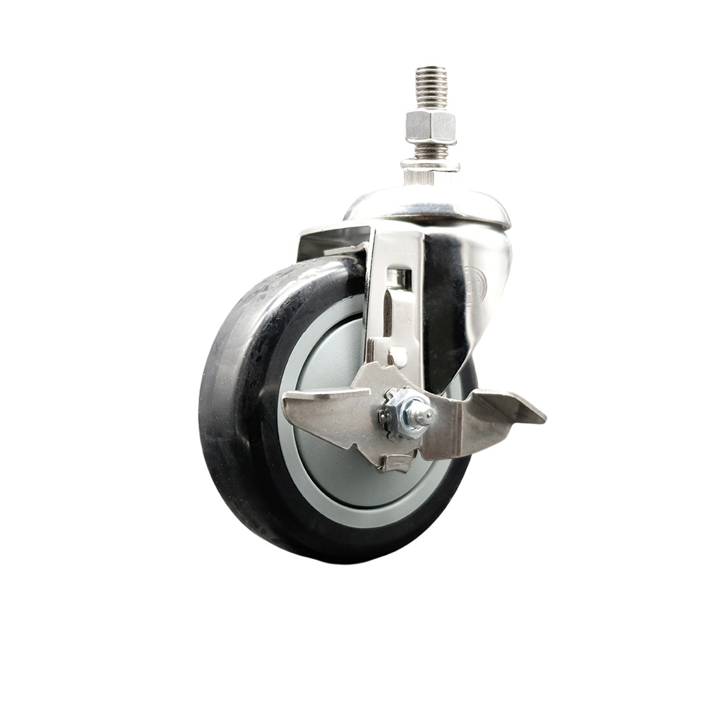 Polyurethane Swivel Stem Caster with 4 in. Black Caster Wheels & Top Lock Brake, 0.38 in. Threaded Stem - 316 Stainless Steel Caster