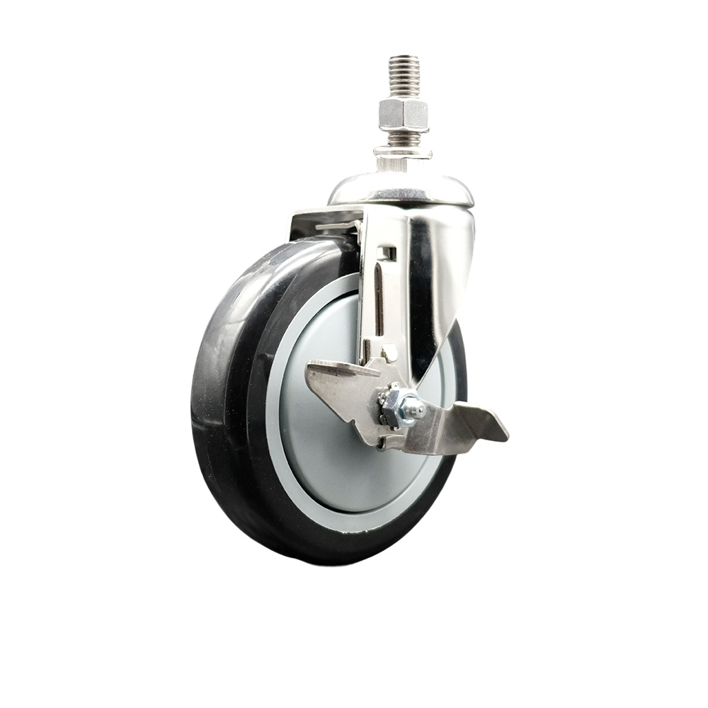Polyurethane Swivel Stem Caster with 5 in. Black Caster Wheels & Top Lock Brake, 0.38 in. Threaded Stem - 316 Stainless Steel Caster