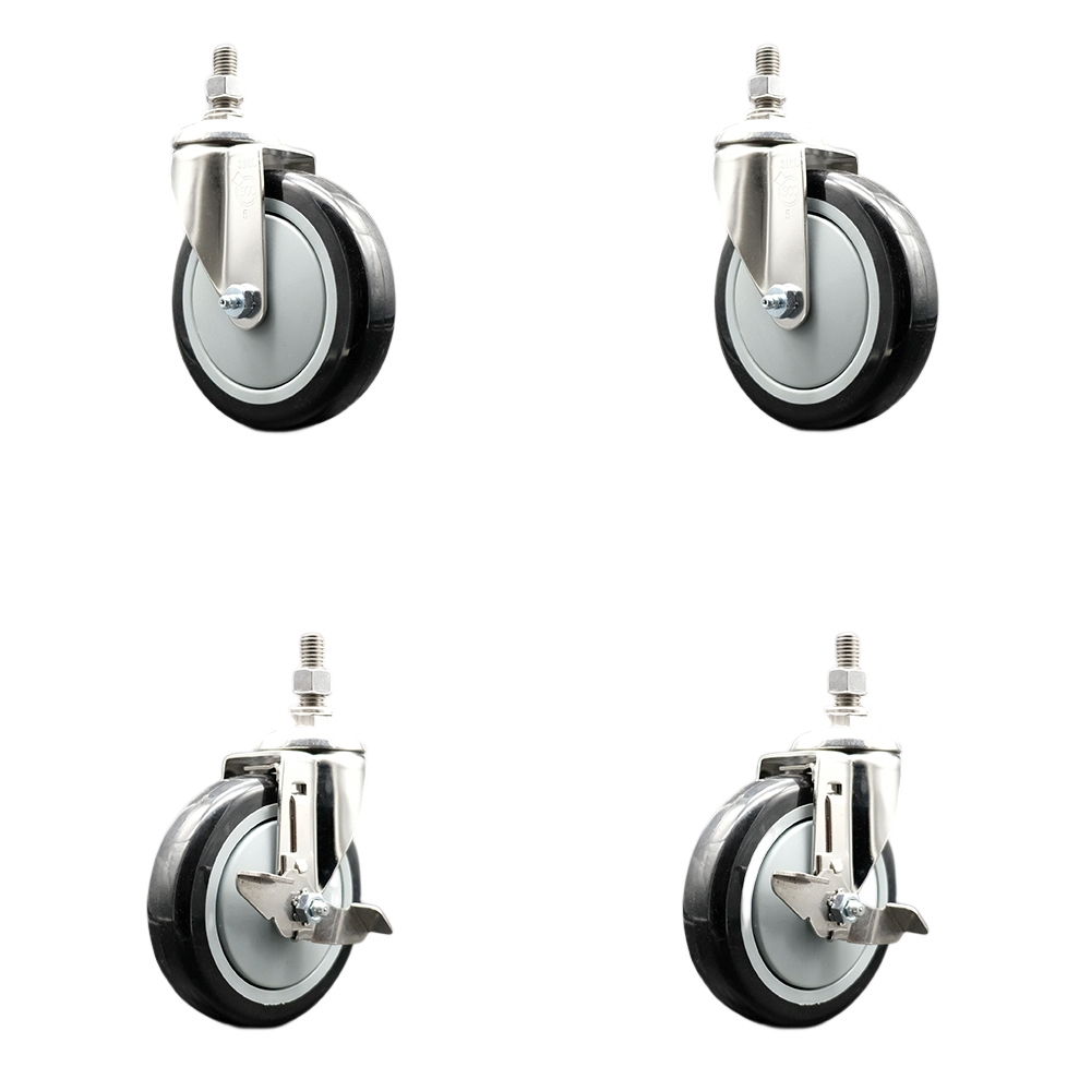 Poly Swivel Stem Caster with 5 in. Black Caster Wheels, 0.38 in. Threaded Stems - 316 Stainless Steel Casters - Set of 4