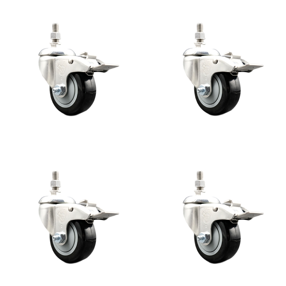 Polyurethane Swivel Stem Caster with 3.5 in. Black Caster Wheels 10 mm Threaded Stems - 316 Stainless Steel Casters - Set of 4