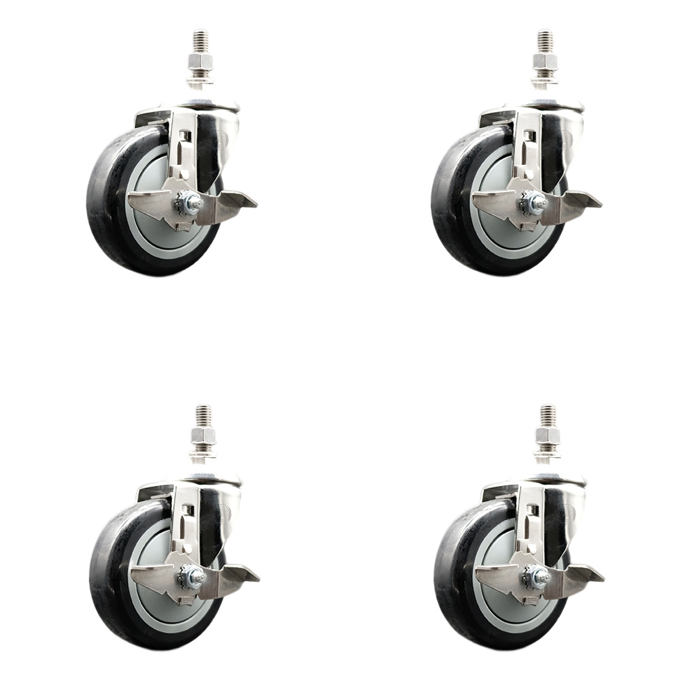 Polyurethane Swivel Stem Caster with 4 in. Black Caster Wheels, 10 mm Threaded Stems - 316 Stainless Steel Casters - Set of 4