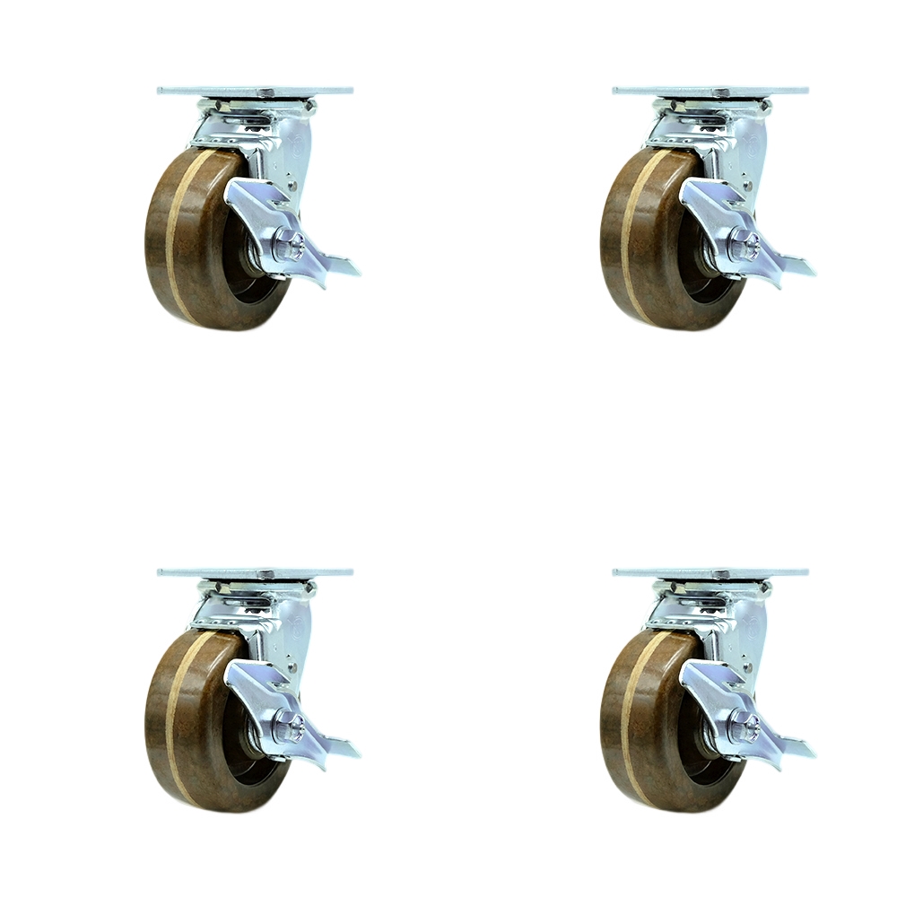 SCC-30CS520-PHBZHT-TLB-4 Heavy Duty Swivel Caster with 5 in. High Temperature Phenolic Wheels & Bronze Bearings - 4000 lbs Total Capacity - Set of 4