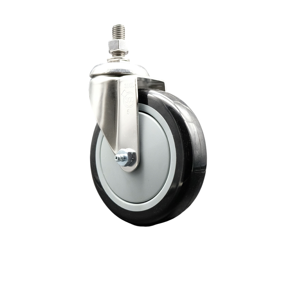 SCC-SS316TS20S514-PPUB-BLK-M1015 Polyurethane Swivel Stem Caster with 5 in. Black Caster Wheels, 10 mm Threaded Stem - 316 Stainless Steel Caster