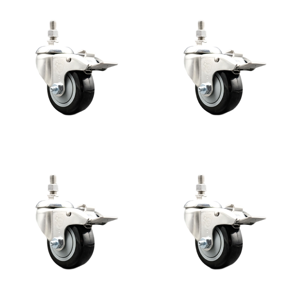 Polyurethane Swivel Stem Caster with 3.5 in. Black Caster Wheels 12 mm Threaded Stems - 316 Stainless Steel Casters - Set of 4