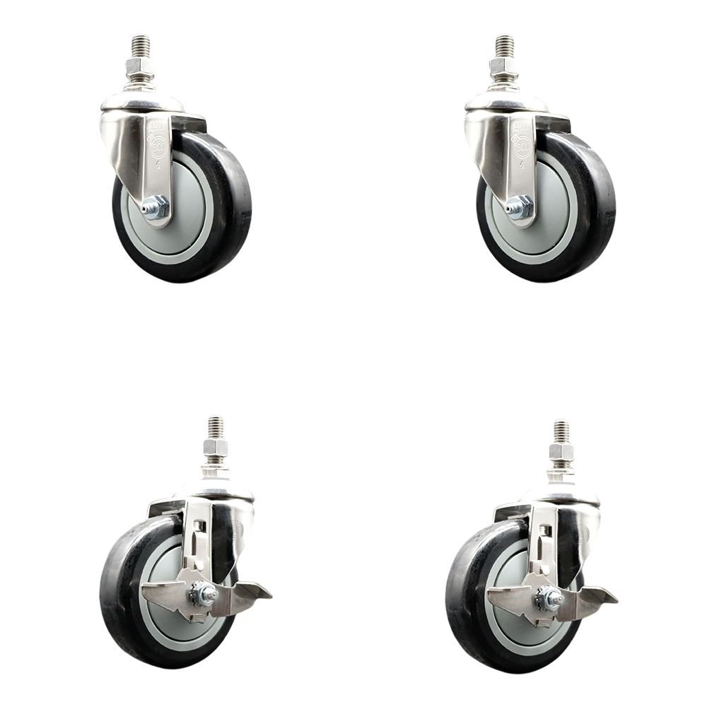 Poly Swivel Stem Caster with 4 in. Black Caster Wheels, 12 mm Threaded Stems - 316 Stainless Steel Casters - Set of 4