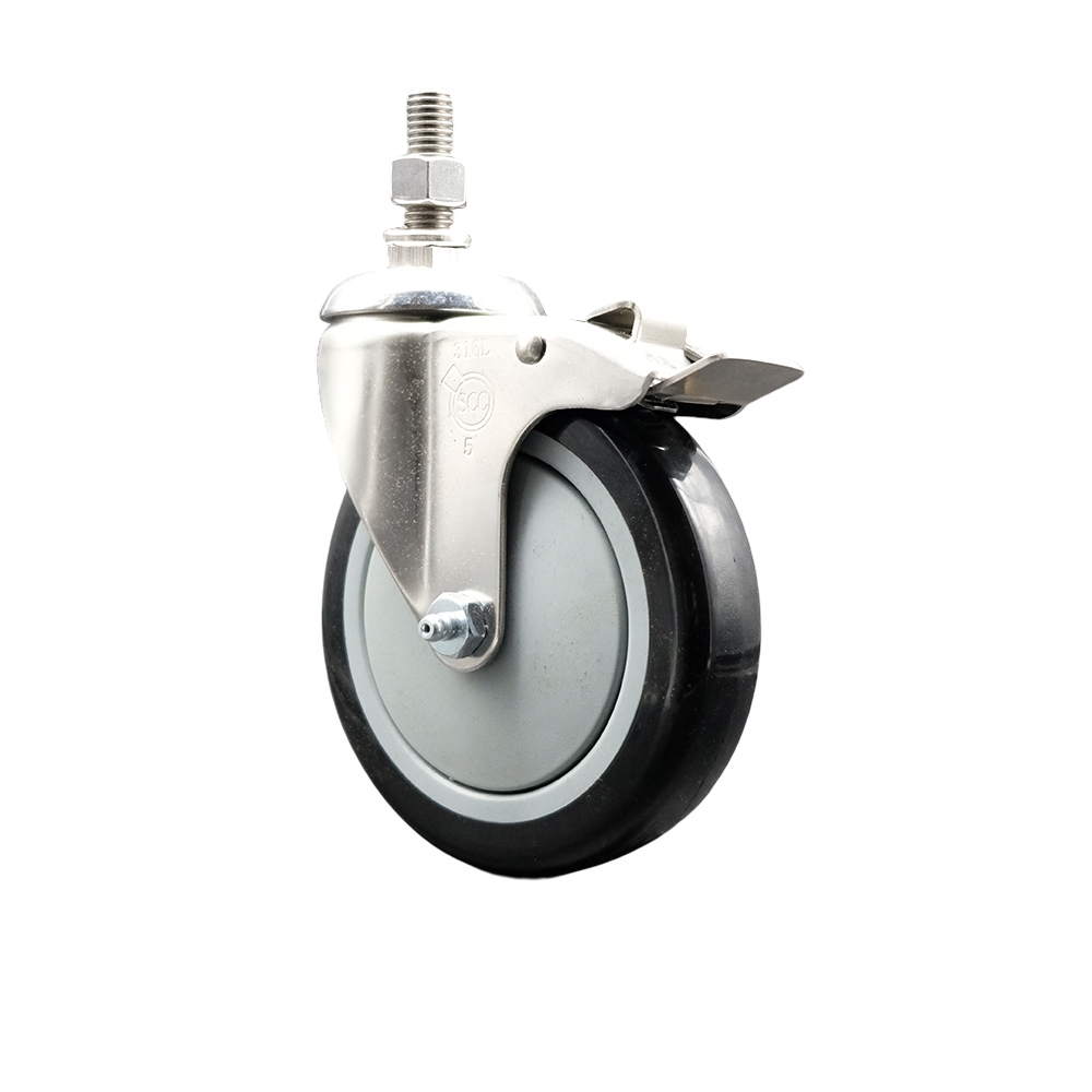 Polyurethane Swivel Stem Caster with 5 in. Black Caster Wheels & Total Lock Brake, 12 mm Threaded Stem - 316 Stainless Steel Caster