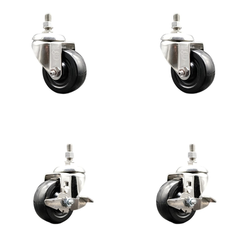 Hard Rubber Swivel Stem Caster with 3.5 in. Caster Wheels, 0.5 in. Threaded Stems - 316 Stainless Steel Casters - Set of 4
