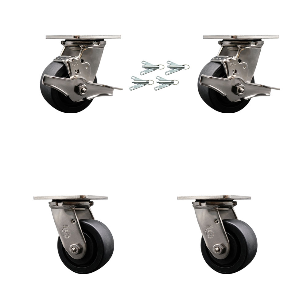SCC-SS31630S420-GFNB-TLB-BSL-2-BSL-2 316 Stainless Steel Heavy Duty Swivel Caster Set with 4 in. Glass Filled Nylon Wheels & Ball Bearing