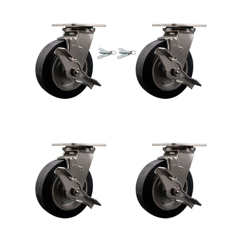 SCC-SS31630S620-RAB-TLB-BSL-2-TLB-2 316 Stainless Steel Heavy Duty Swivel Caster Set with 6 in. Rubber on Aluminum Wheels & Ball Bearing