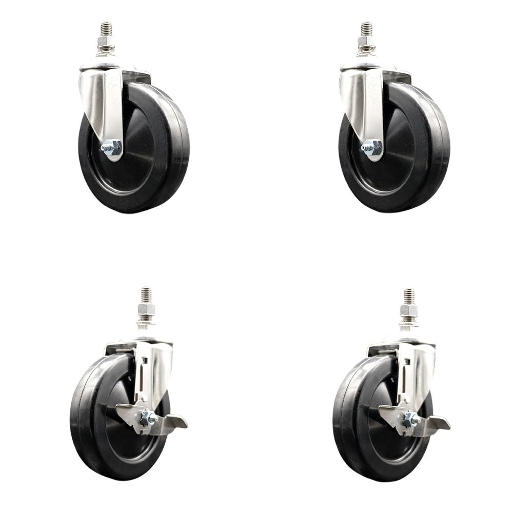 Hard Rubber Swivel Stem Caster with 5 in. Caster Wheels, 0.38 in. Threaded Stems - 316 Stainless Steel Casters - Set of 4