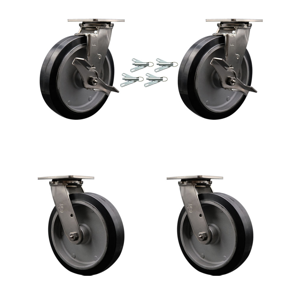 SCC-SS31630S820-RAB-TLB-BSL-2-BSL-2 316 Stainless Steel Heavy Duty Swivel Caster Set with 8 in. Rubber on Aluminum Wheels & Ball Bearing
