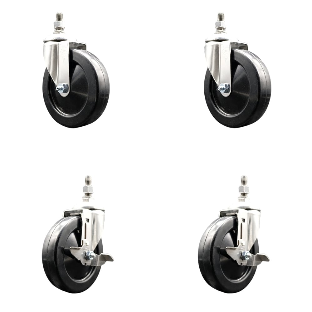 Hard Rubber Swivel Stem Caster with 5 in. Caster Wheels, 10 mm Threaded Stems - 316 Stainless Steel Casters - Set of 4