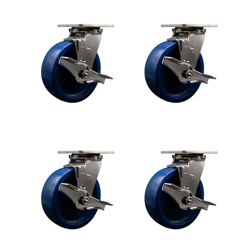 316 Stainless Steel Heavy Duty Swivel Caster with 6 in. Solid Polyurethane Wheels & Ball Bearings - 4800 lbs Total Capacity - Set of 4