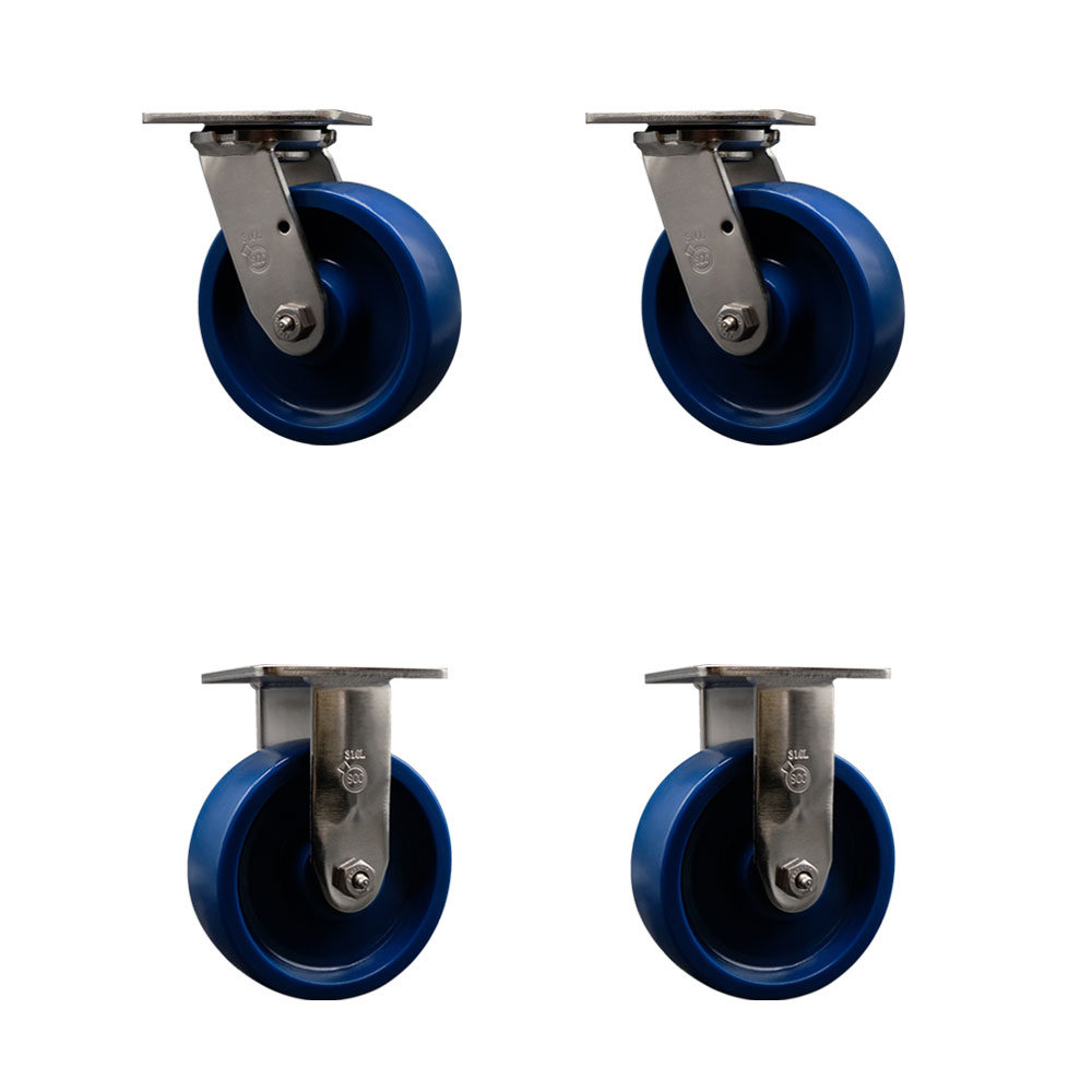316 Stainless Steel Heavy Duty Swivel Caster with 6 in. Solid Polyurethane Wheels & Ball Bearings - 4800 lbs Total Capacity - Set of 4