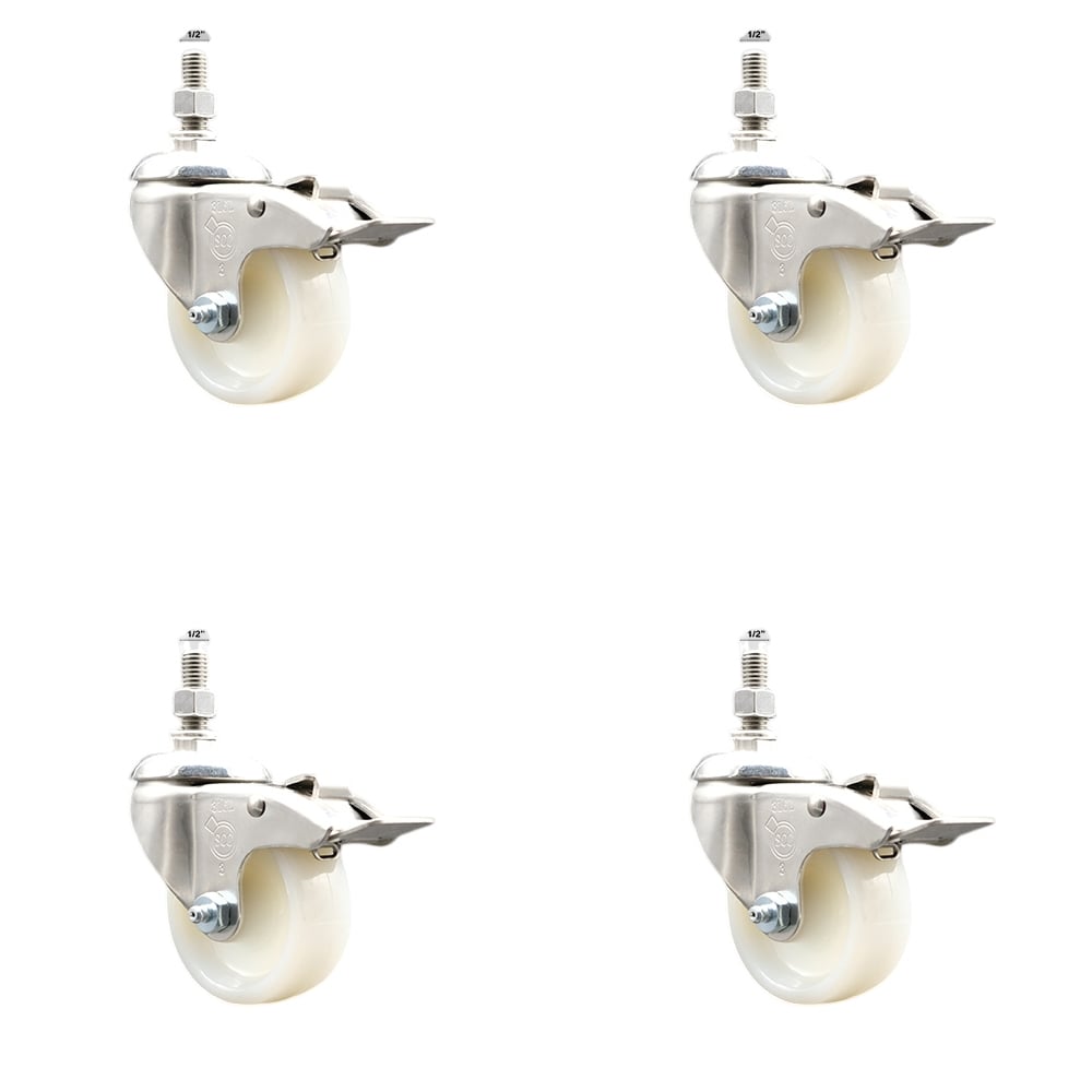 Nylon Swivel Stem Caster with 3 in. Caster Wheels, 0.5 in. Threaded Stems - 316 Stainless Steel Casters - Set of 4