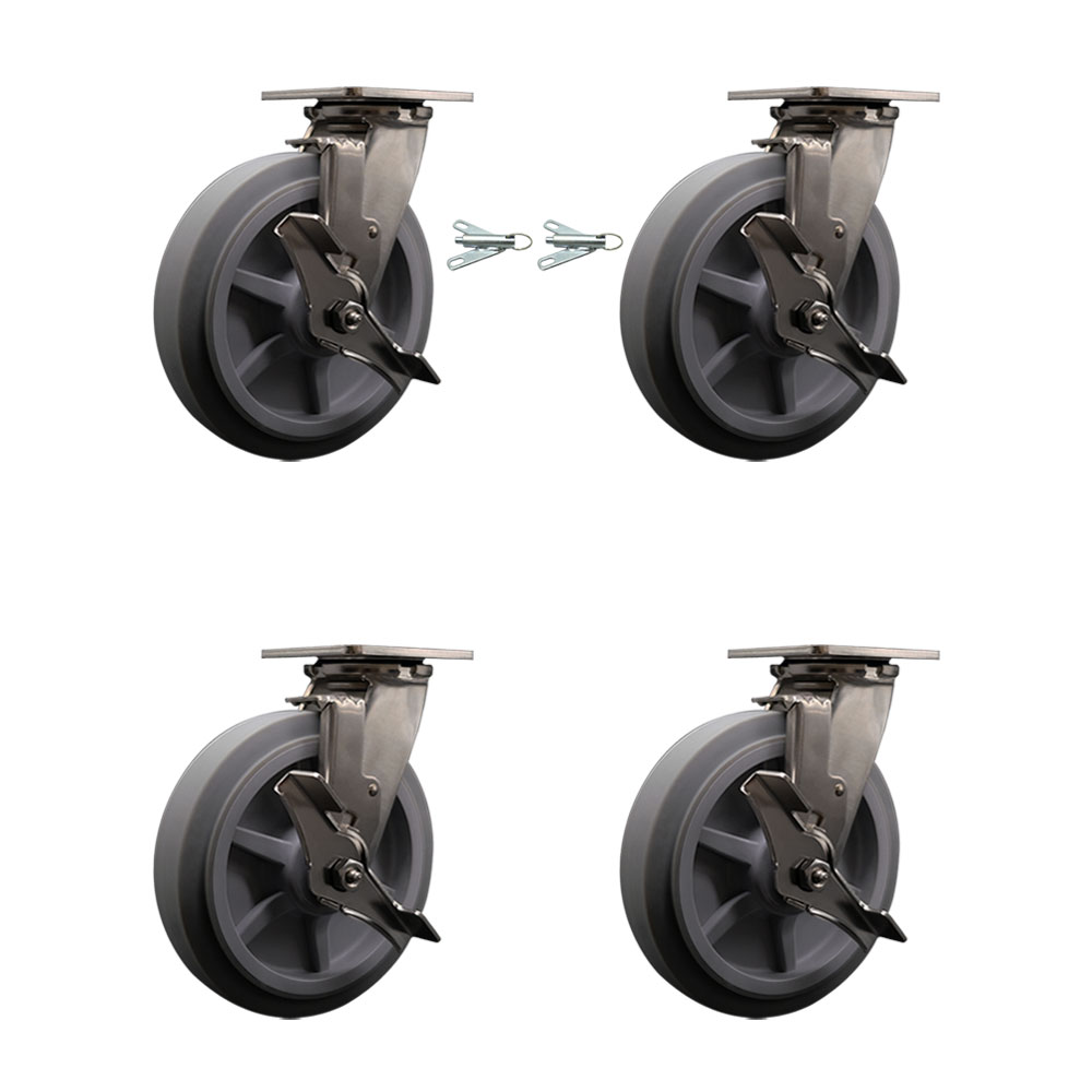 316 Stainless Steel Heavy Duty Swivel Caster Set with 8 in. Thermoplastic Rubber Flat Tread Wheels & Ball Bearing