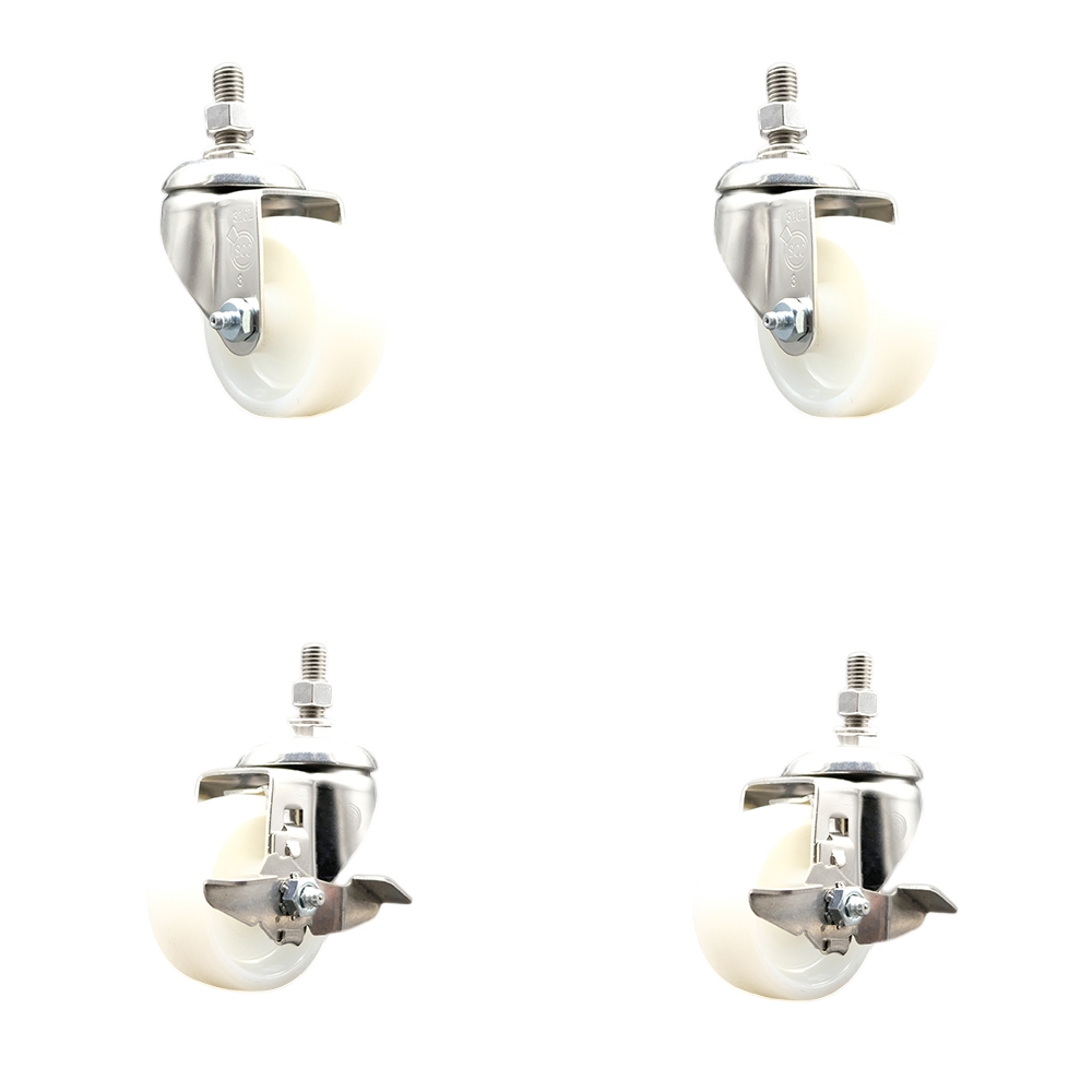 Nylon Swivel Stem Caster with 3 in. Caster Wheels, 0.38 in. Threaded Stems - 316 Stainless Steel Casters - Set of 4