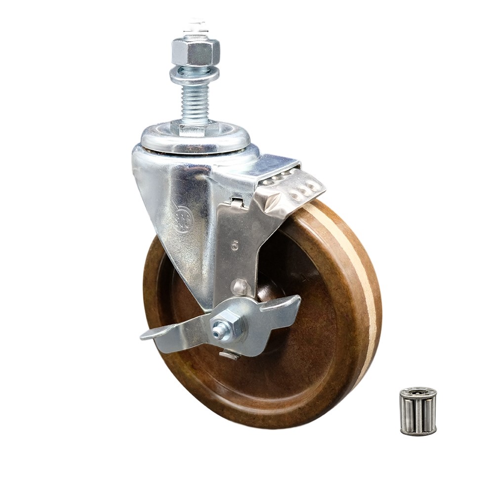 High Temperature Phenolic Swivel Threaded Stem Caster with Roller Bearing 5 x 1.25 in. Brown Wheel & 0.5 in. Stem & Top Locking Brake