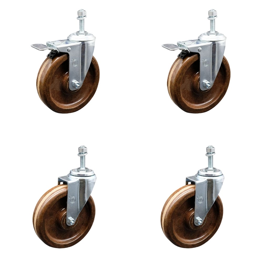 High Temperature Phenolic Swivel Threaded Stem Caster with Roller Bearing 6 x 1.5 in. Brown Wheels & 0.38 in. Stems - Set of 4