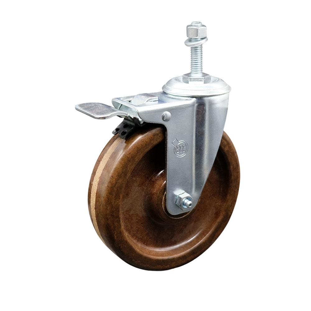 High Temperature Phenolic Swivel Threaded Stem Caster with Roller Bearing 6 x 1.5 in. Brown Wheel & 10 mm Stem & Total Locking Brake