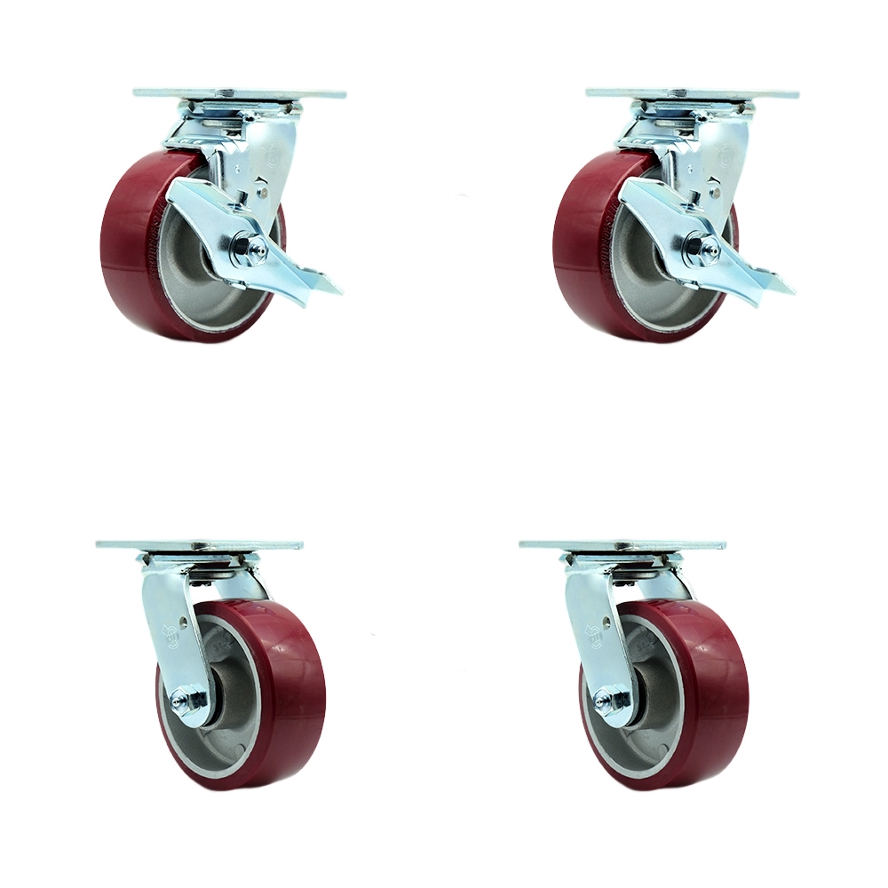 SCC-SS30S520-PAB-TLB-BSL-2-BSL-2 Stainless Steel Heavy Duty Swivel Caster Set with 5 in. Poly on Aluminum Wheel & Ball Bearing