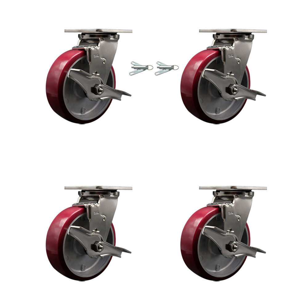 SCC-SS31630S620-PAB-TLB-BSL-2-TLB-2 316 Stainless Steel Heavy Duty Swivel Caster Set with 6 in. Polyurethane on Aluminum Wheels & Ball Bearing