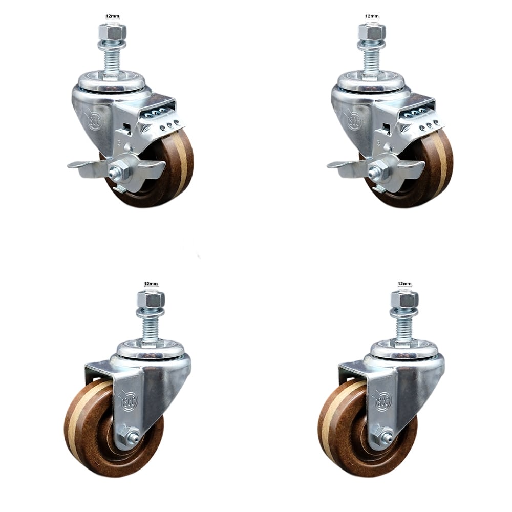 SCC-TS20S314-PHSHT-M1215-2-TLB-2 High Temperature Phenolic Swivel Threaded Stem Caster 3 x 1.25 in. Brown Wheels & 12 mm Stems - Set of 4
