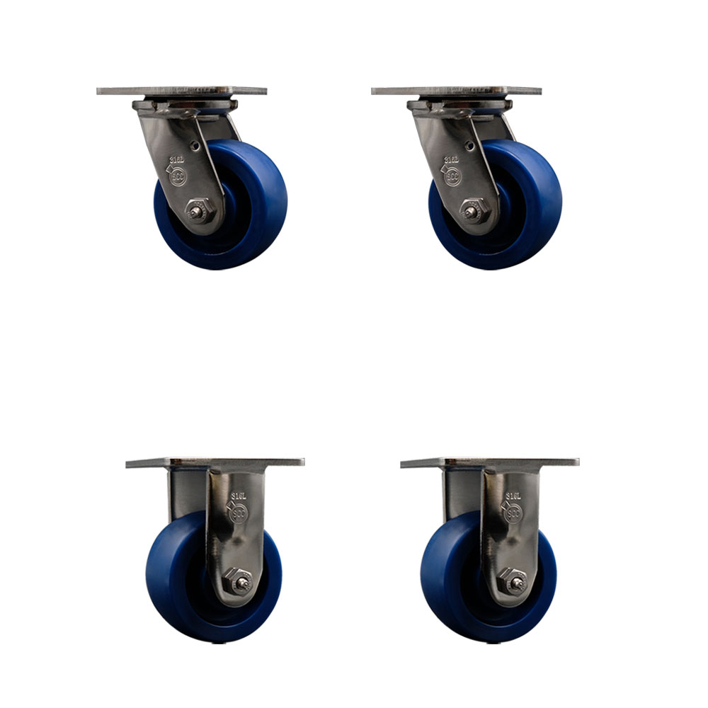 316 Stainless Steel Heavy Duty Swivel Caster with 4 in. Solid Polyurethane Wheels & Delrin Bearings - 2800 lbs Total Capacity - Set of 4