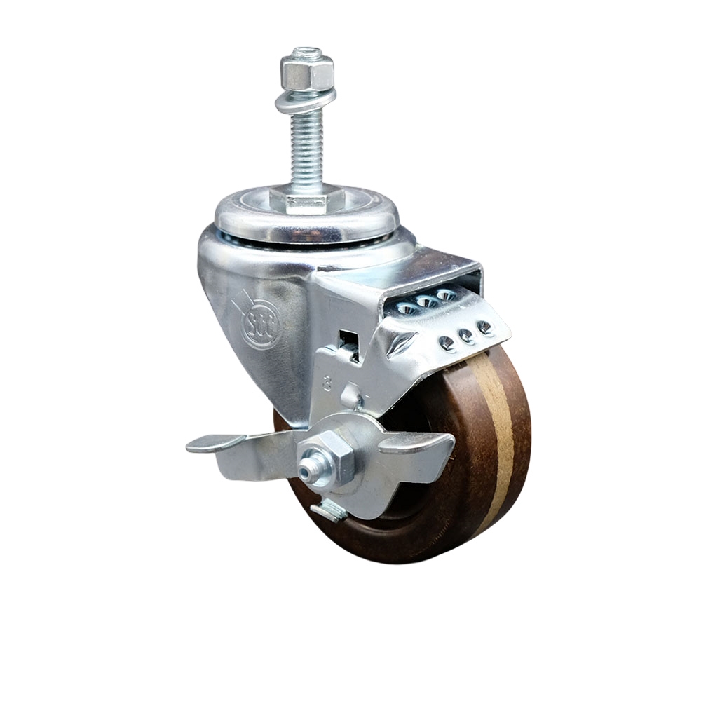 Stainless Steel High Temperature Phenolic Swivel Threaded Stem Caster with 3 x 1.25 in. Brown Wheel & 10 mm Stem & Top Locking Brake