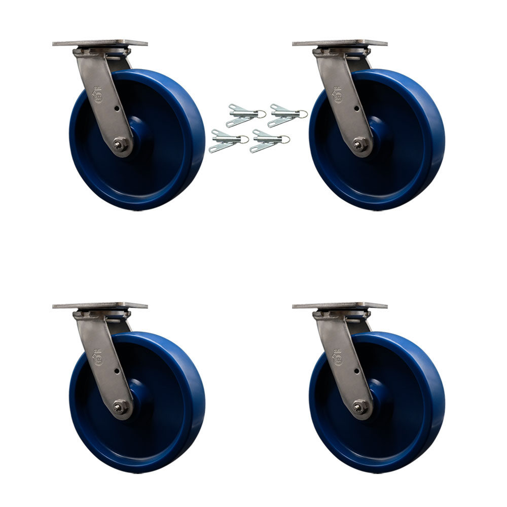316 Stainless Steel Heavy Duty Swivel Caster with 8 in. Solid Poly Wheels & Delrin Bearings - 4800 lbs Total Capacity - Set of 4