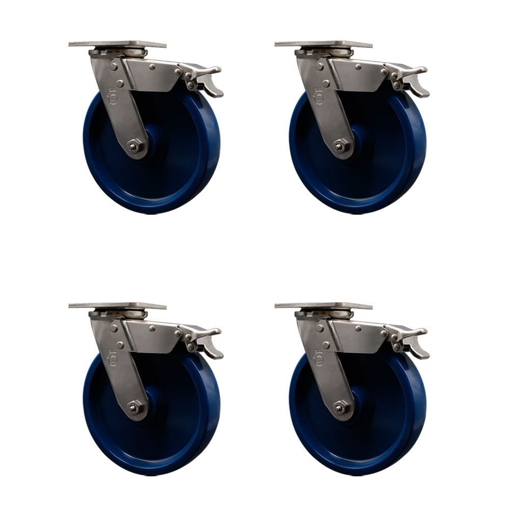 316 Stainless Steel Heavy Duty Swivel Caster with 8 in. Solid Polyurethane Wheels & Delrin Bearings - 4800 lbs Total Capacity - Set of 4