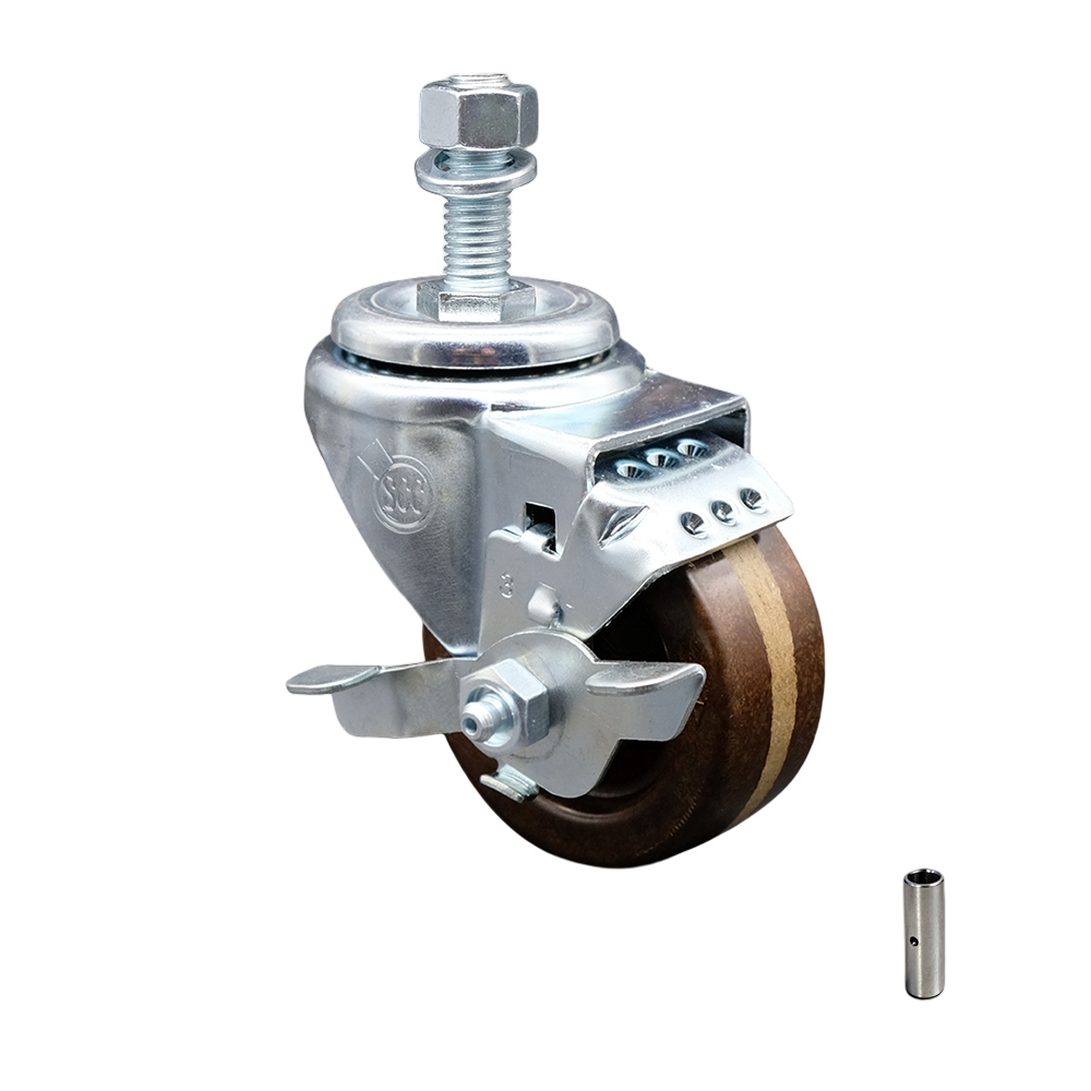 Stainless Steel High Temperature Phenolic Swivel Threaded Stem Caster with 3 x 1.25 in. Brown Wheel & 12 mm Stem & Top Locking Brake