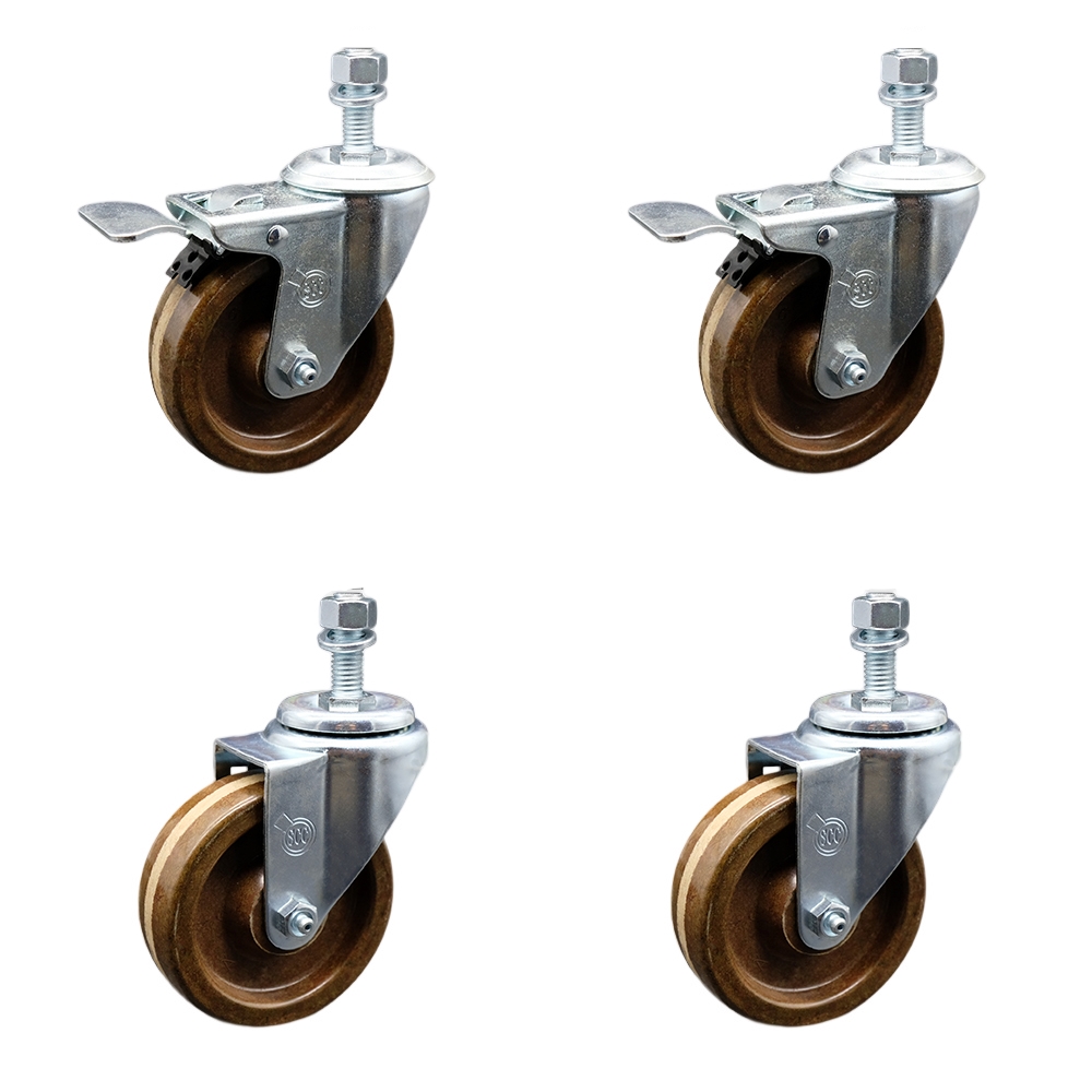 Stainless Steel High Temperature Phenolic Swivel Threaded Stem Caster with 4 x 1.25 in. Brown Wheels & 0.5 in. Stems - Set of 4