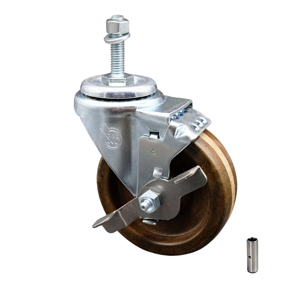 Stainless Steel High Temperature Phenolic Swivel Threaded Stem Caster with 4 x 1.25 in. Brown Wheel & 0.38 in. Stem & Top Locking Brake