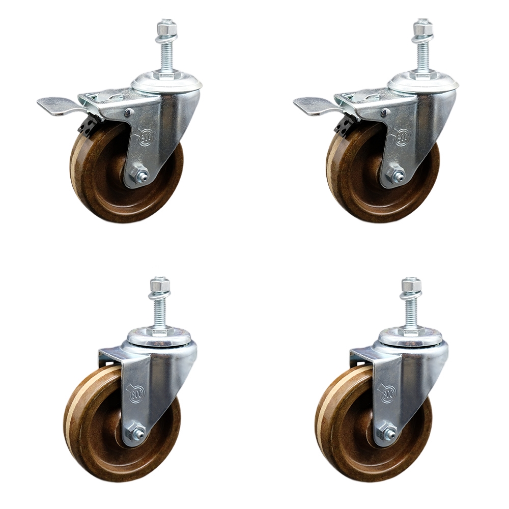 Stainless Steel High Temperature Phenolic Swivel Threaded Stem Caster with 4 x 1.25 in. Brown Wheels & 10 mm Stems - Set of 4