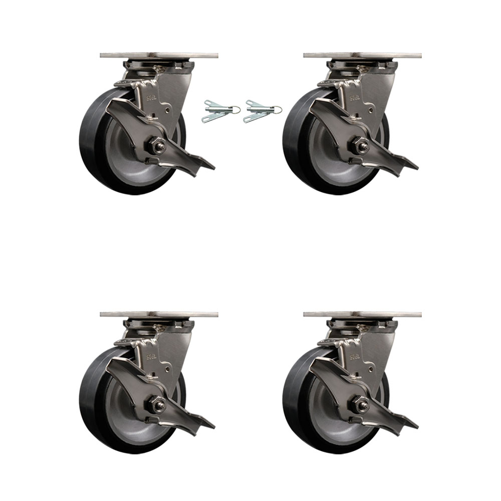 SCC-SS31630S520-RAB-TLB-BSL-2-TLB-2 316 Stainless Steel Heavy Duty Swivel Caster Set with 5 in. Rubber on Aluminum Wheels & Ball Bearing