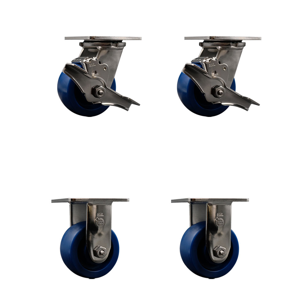 316 Stainless Steel Heavy Duty Swivel Caster with 4 in. Solid Polyurethane Wheels & Ball Bearings - 2800 lbs Total Capacity - Set of 4