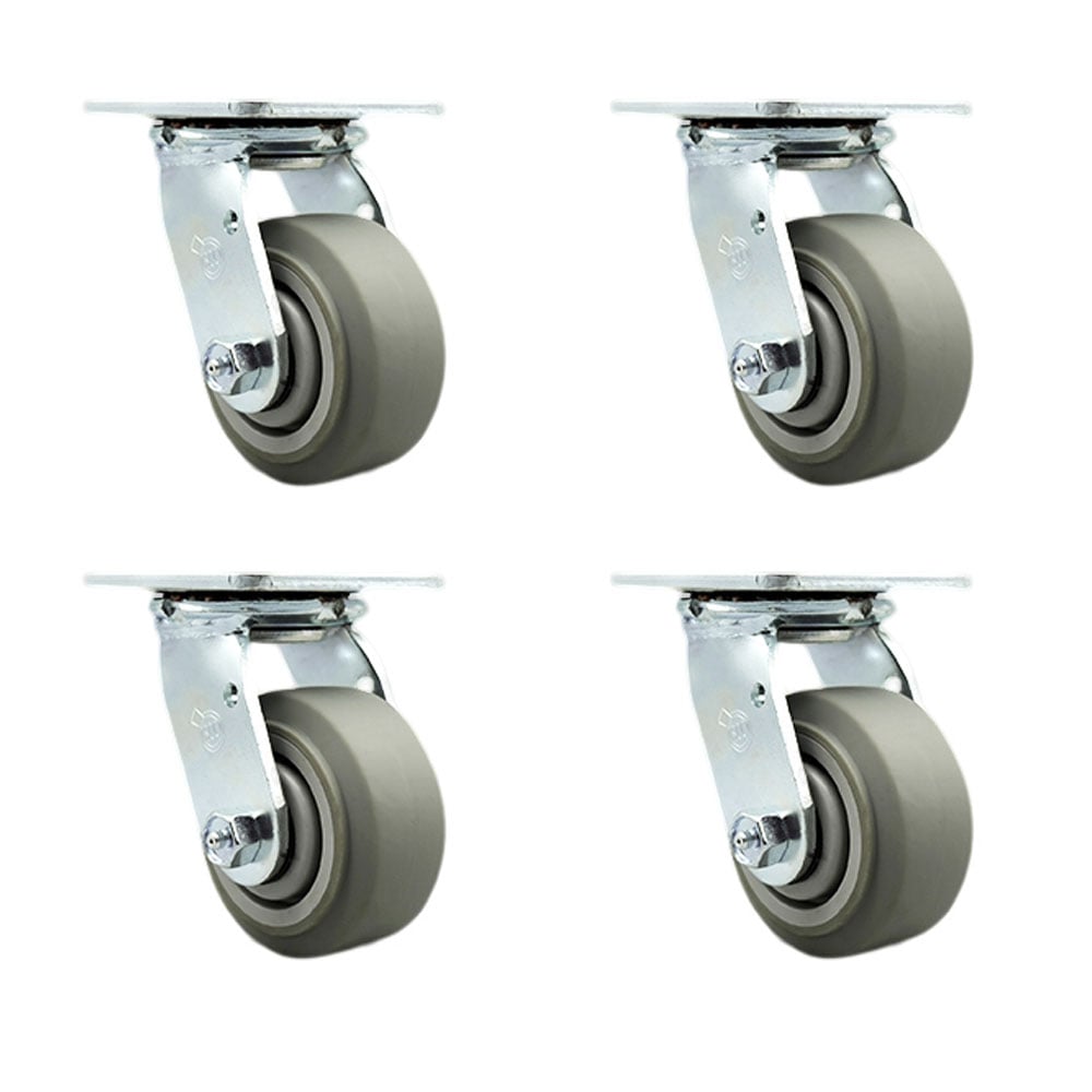 Stainless Steel Heavy Duty Swivel Caster with 4 in. Thermoplastic Rubber Flat Tread Wheels & Delrin Bearings - 1200 lbs Total Capacity - Set of 4