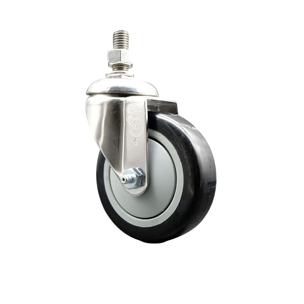 Polyurethane Swivel Stem Caster with 4 in. Black Caster Wheels, 0.5 in. Threaded Stem - 316 Stainless Steel Caster