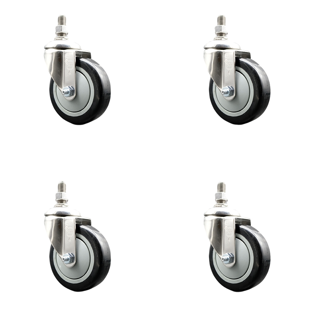 Polyurethane Swivel Stem Caster with 4 in. Black Caster Wheels, 0.5 in. Threaded Stems - 316 Stainless Steel Casters - Set of 4